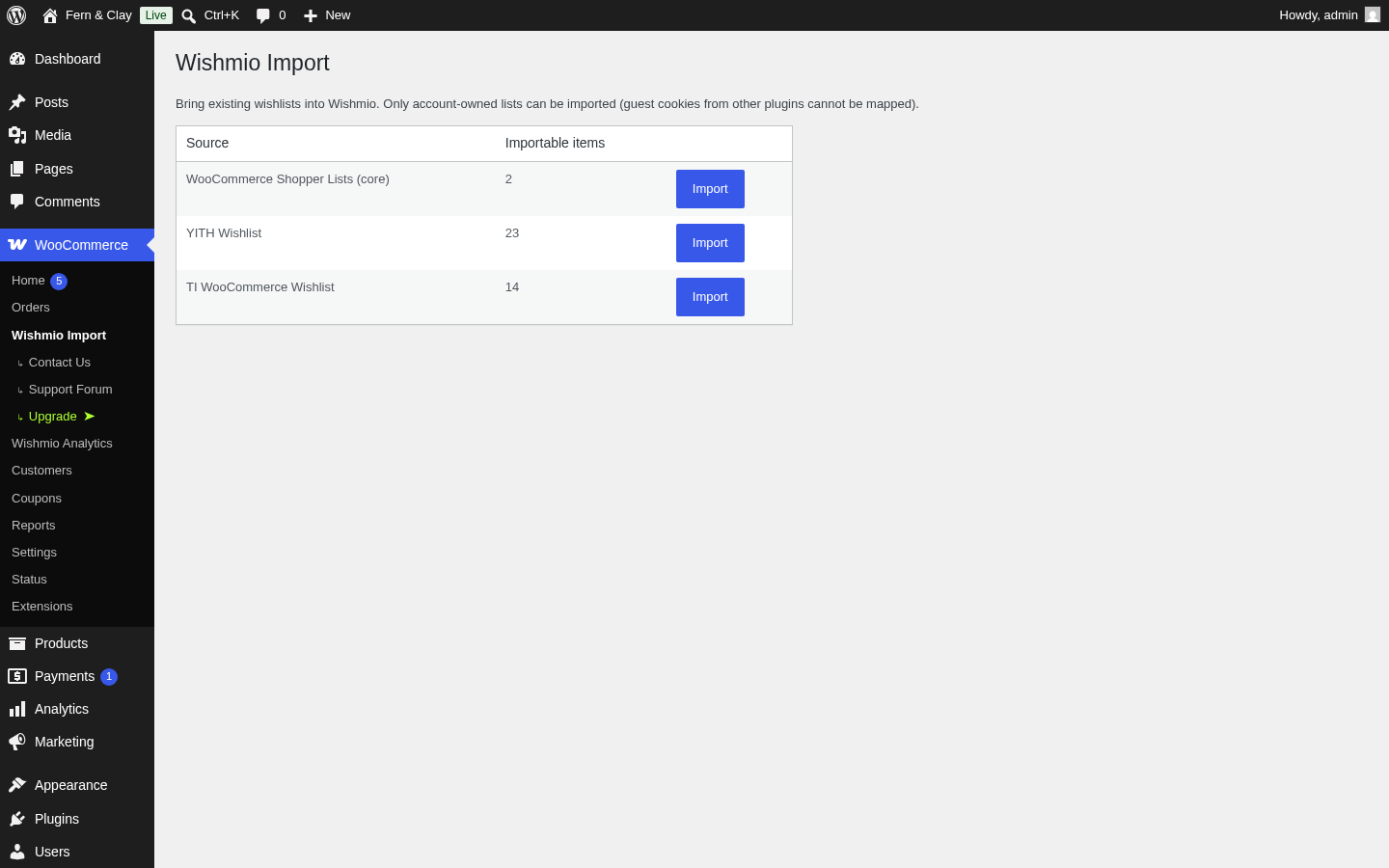 The Wishmio Import screen in wp-admin listing detected sources — WooCommerce Shopper Lists, YITH Wishlist, TI WooCommerce Wishlist — each with an importable item count and an Import button.