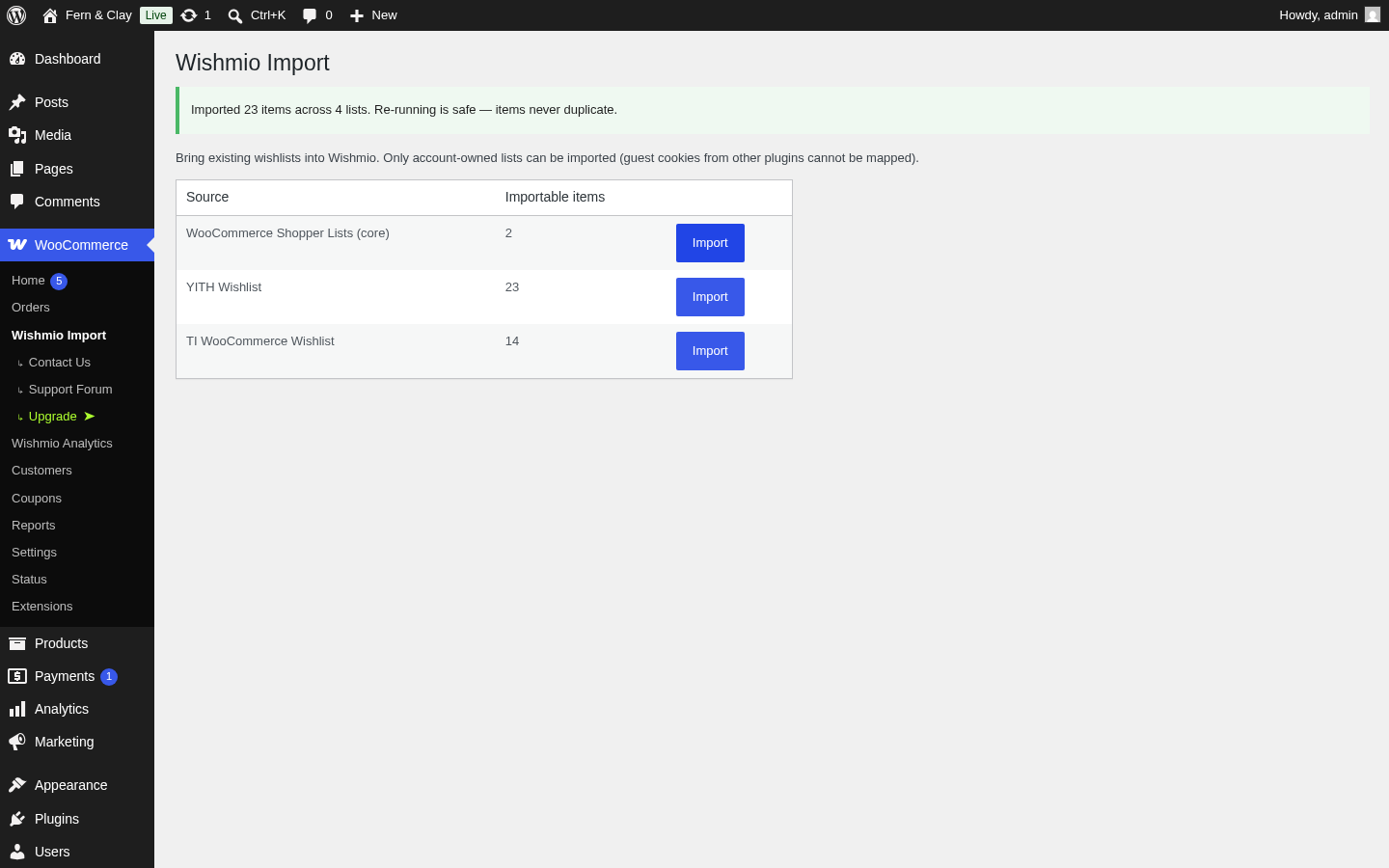 The Wishmio Import screen showing a success notice: Imported 23 items across 4 lists. Re-running is safe — items never duplicate.