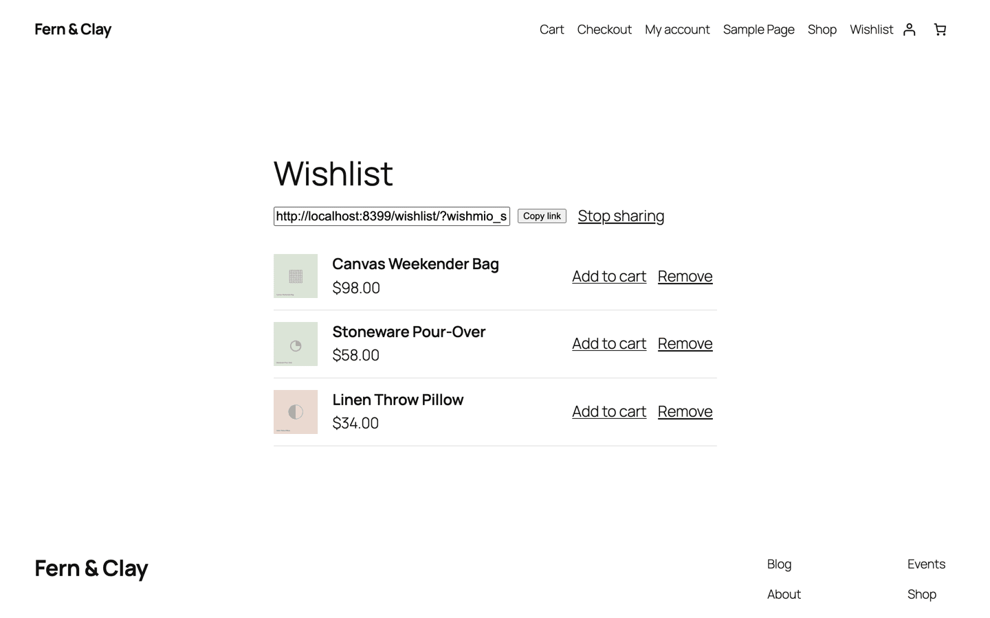 The wishlist page showing a generated share link with copy-link and stop-sharing controls.