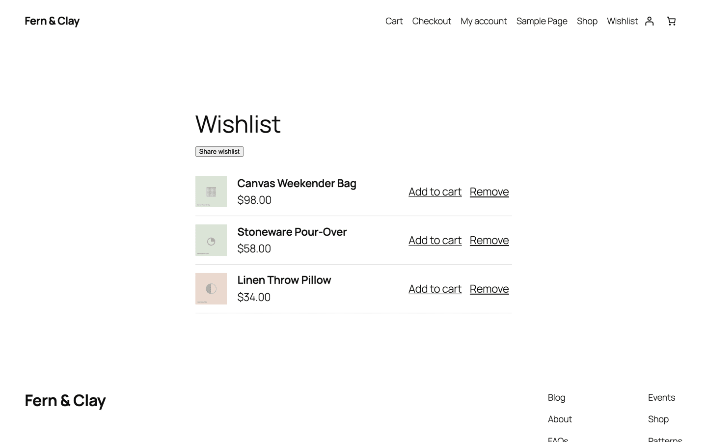 The wishlist page listing three saved products, each with add-to-cart and remove.
